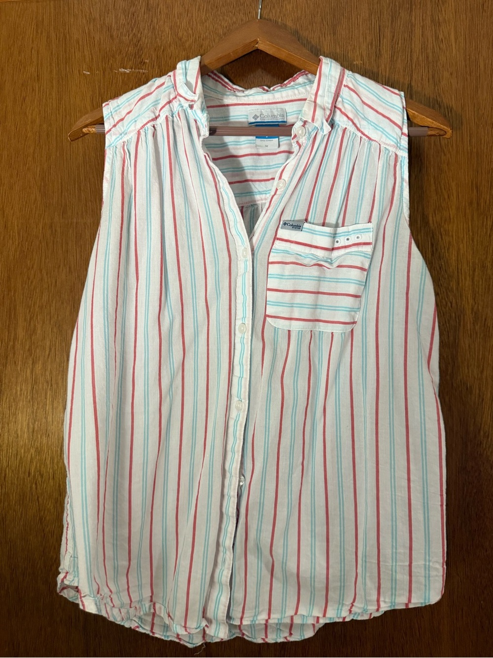 Columbia Sleeveless Button-Front Top in White with Coral & Teal Stripes